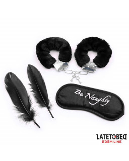 Set de 3 Piezas Antifaz Esposas y Plumas Negro