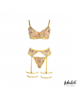 Zoey Set Sujetador Tanga Liguero y Ligas Amarillo Floral